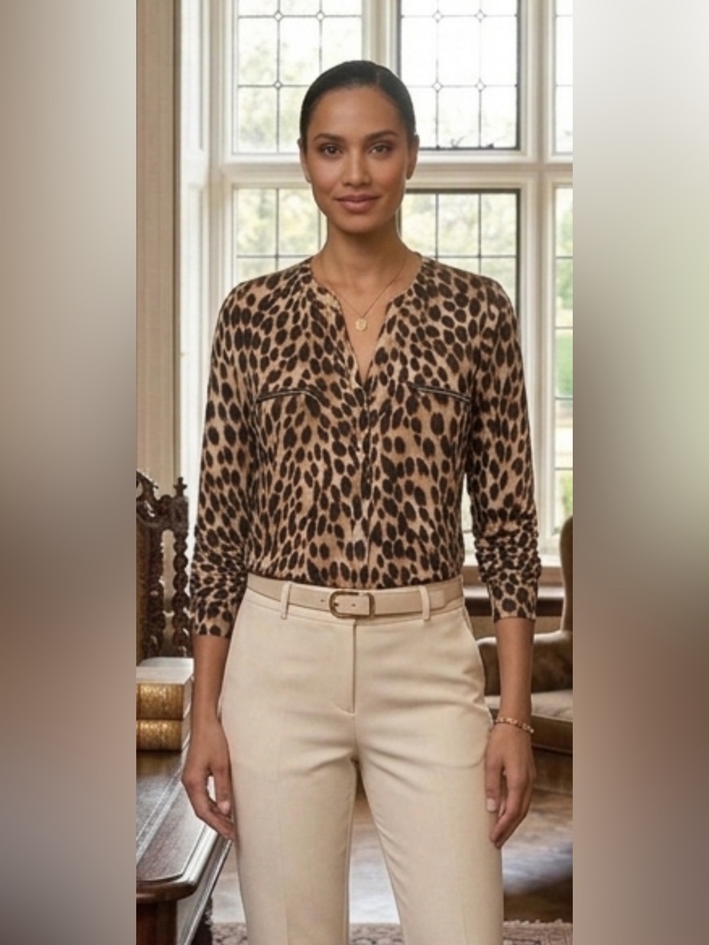 INC International Concepts Leopard Print V-Neck Blouse - Tan and Black EUC XL